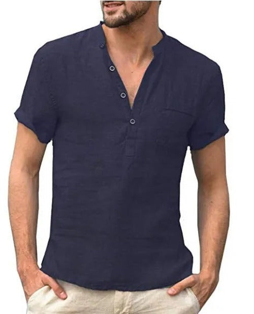 Men's short sleeve shirt with mandarin collar, button placket and chest pocket