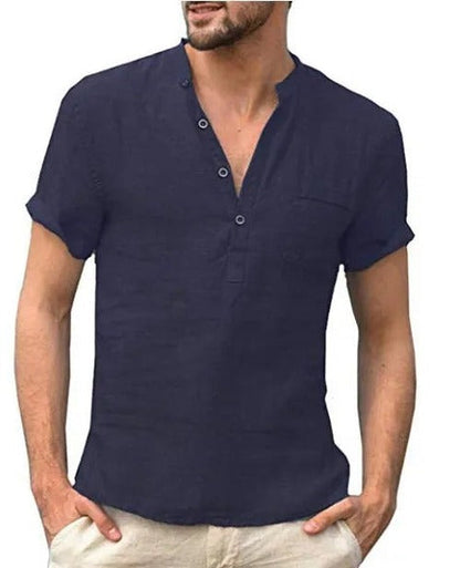 Men's short sleeve shirt with mandarin collar, button placket and chest pocket