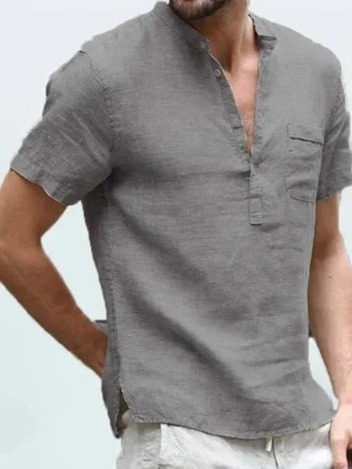 Men's short sleeve shirt with mandarin collar, button placket and chest pocket