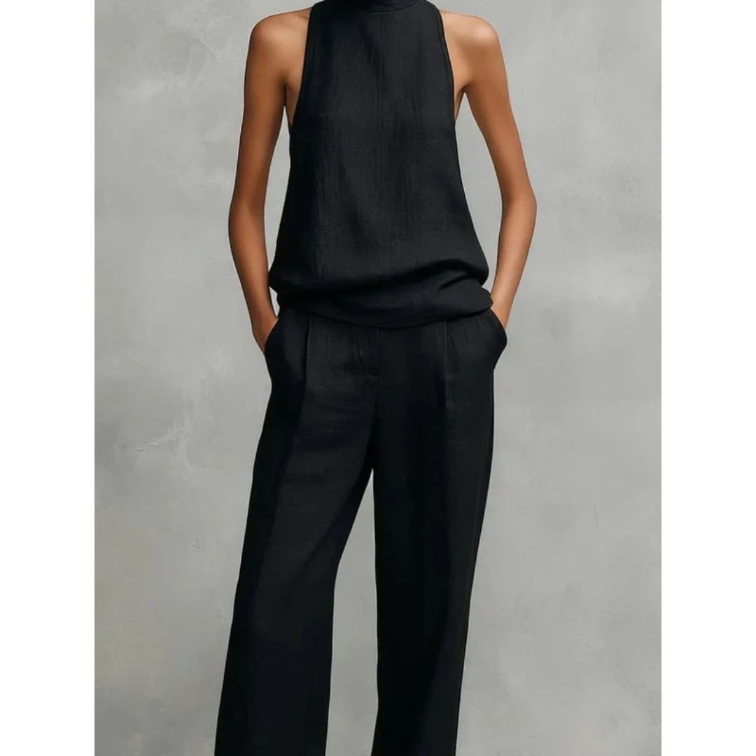 Women's sleeveless mock neck top and wide leg trouser set