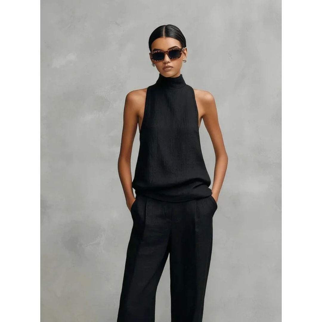 Women's sleeveless mock neck top and wide leg trouser set