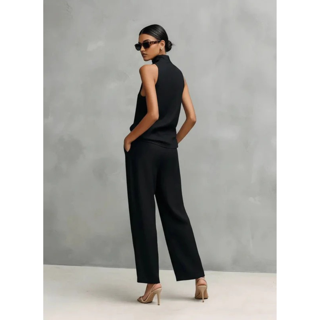 Women's sleeveless mock neck top and wide leg trouser set