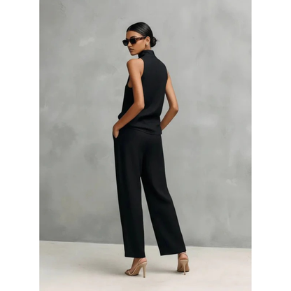 Women's sleeveless mock neck top and wide leg trouser set