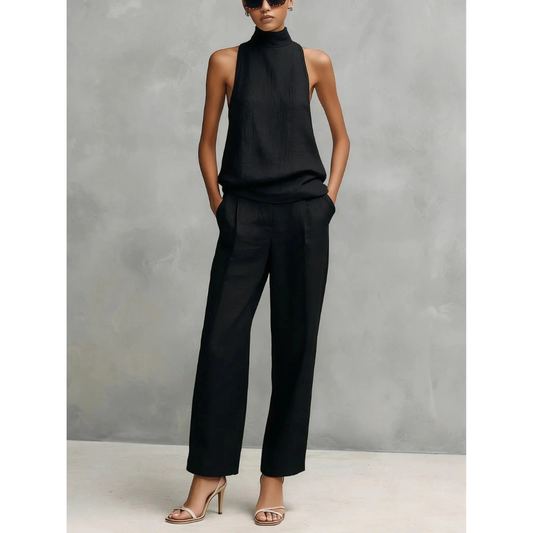 Women's sleeveless mock neck top and wide leg trouser set