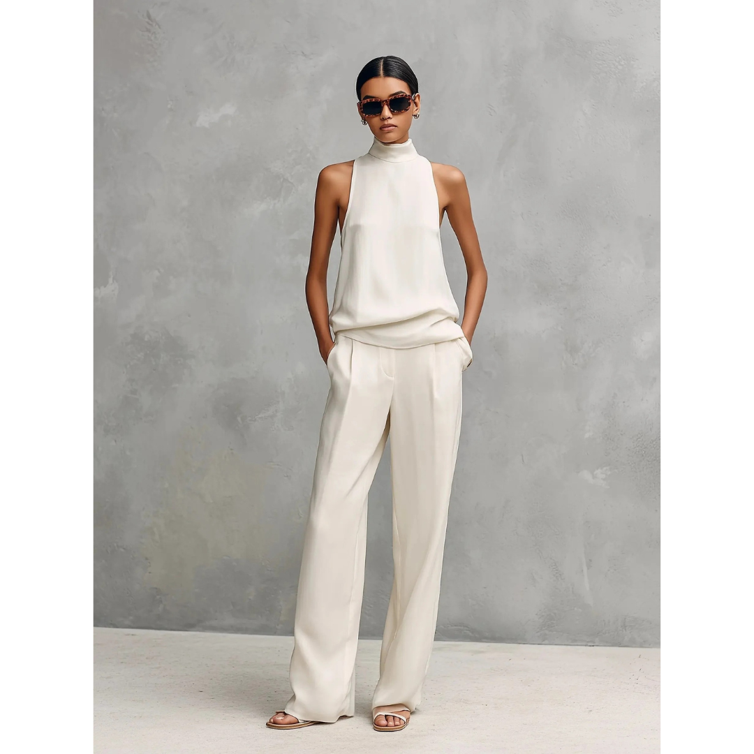 Women's sleeveless mock neck top and wide leg trouser set
