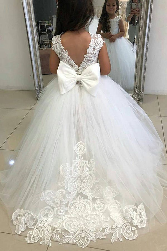 Ivory girls' lace ball gown dress with full tulle skirt, bow back and floral hem