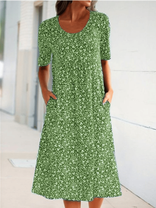 Women's floral midi dress with short sleeves, round neckline and side pockets