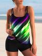 Women's plus size abstract printed tankini swimsuit with double spaghetti straps and black swim shorts