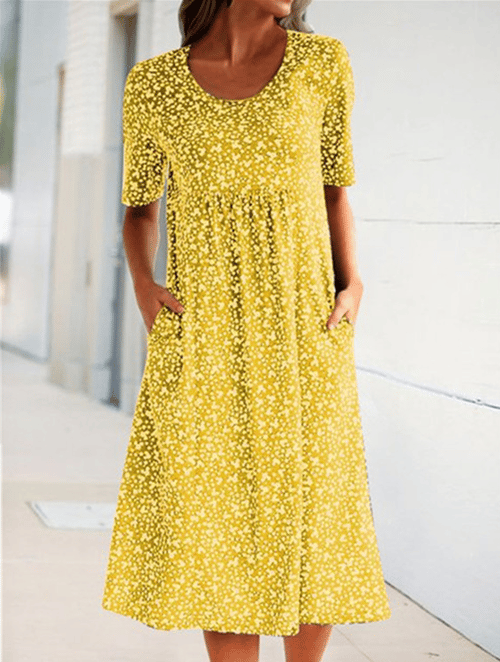 Women's floral midi dress with short sleeves, round neckline and side pockets