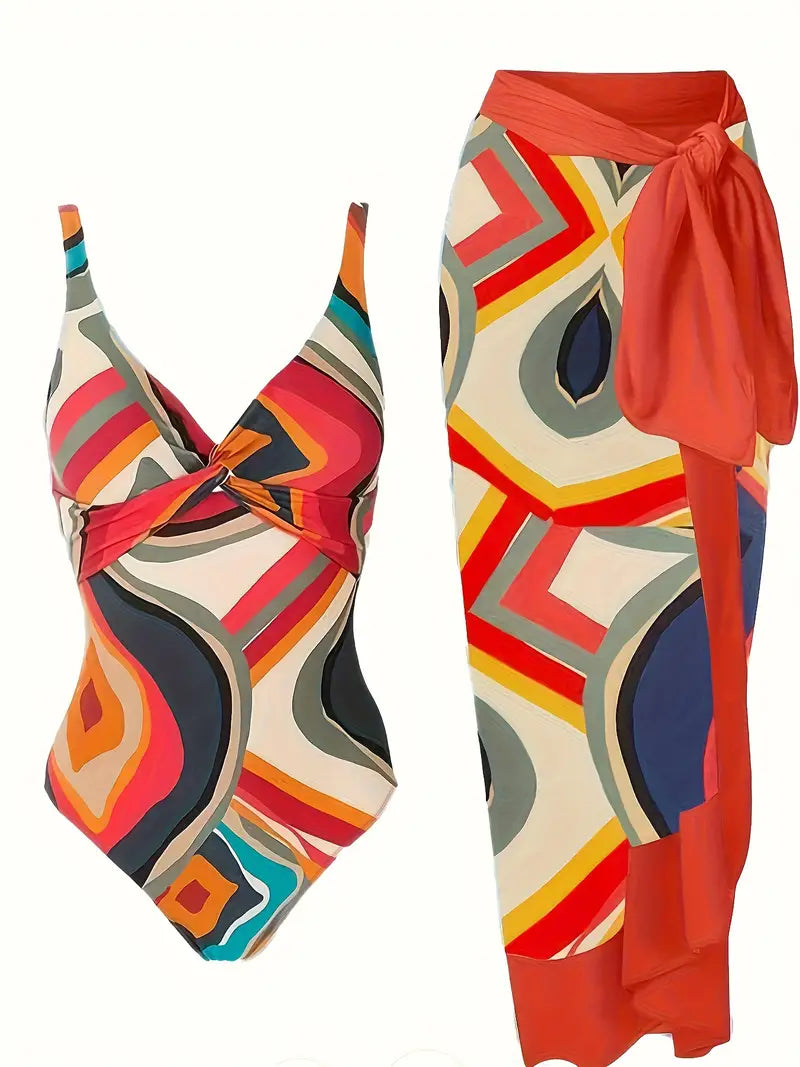 Women's patterned halter one-piece swimsuit with tie detail and long wrap layer