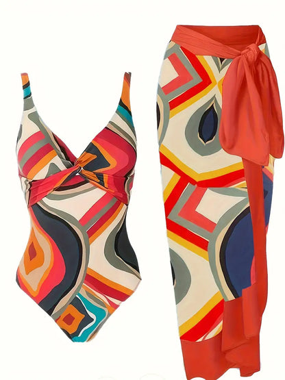 Women's patterned halter one-piece swimsuit with tie detail and long wrap layer