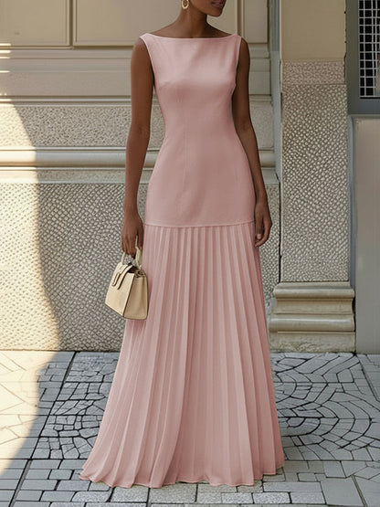 Women's sleeveless boat neck maxi dress with fitted bodice and pleated skirt
