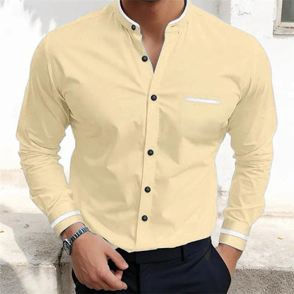 Men's long-sleeve grandad collar shirt with contrast-trim chest pocket