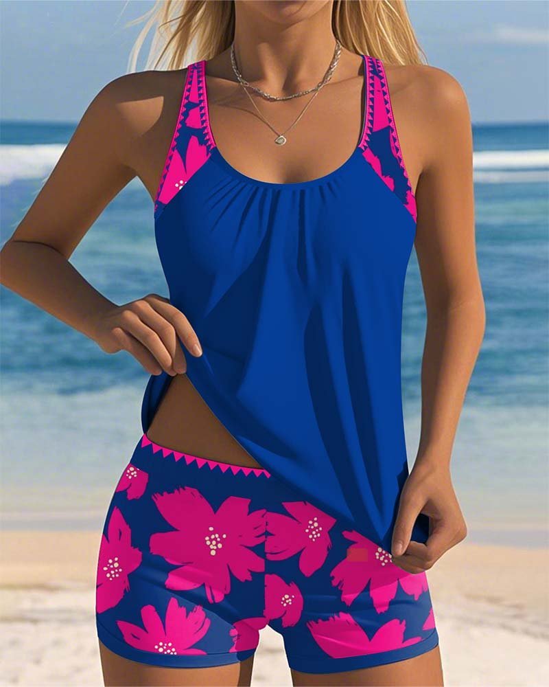 Women's floral racerback tankini set with matching swim shorts