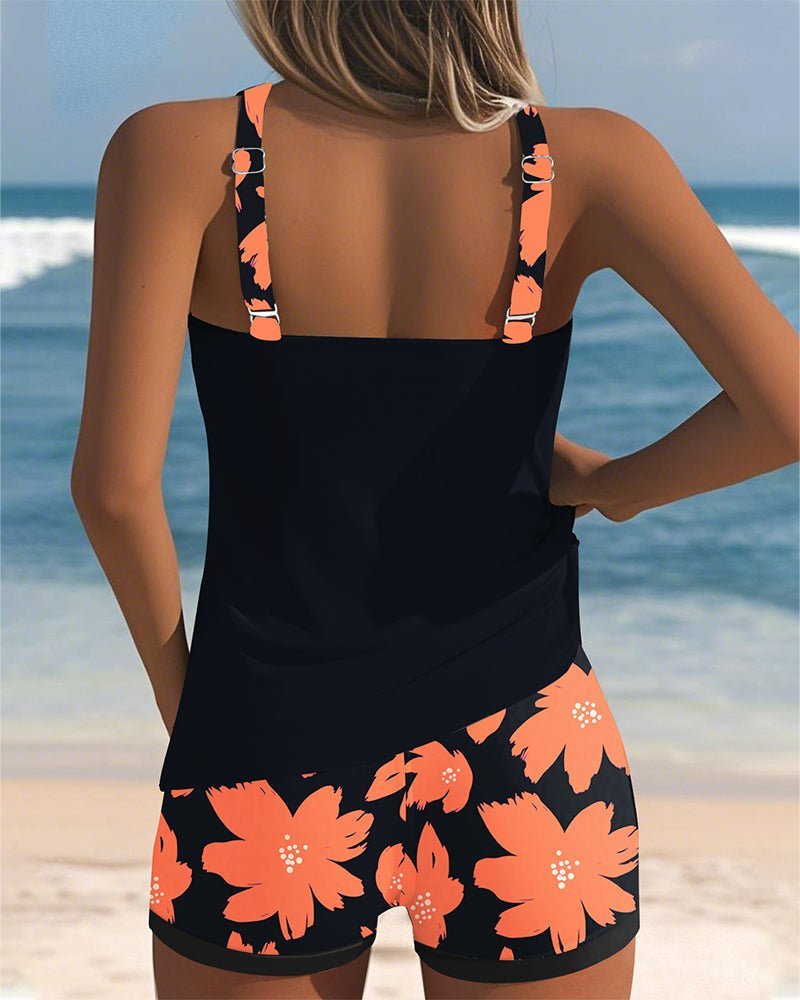 Women's floral racerback tankini set with matching swim shorts