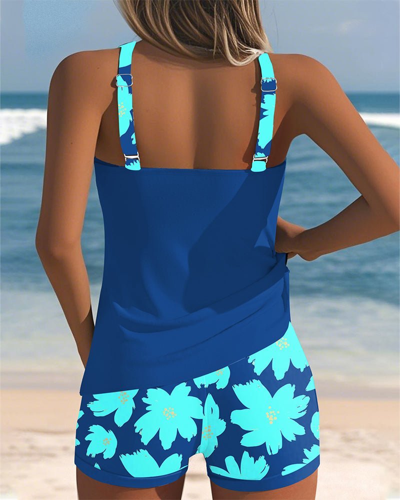 Women's floral racerback tankini set with matching swim shorts