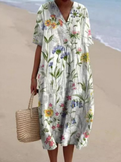 Women's loose floral midi dress with V-neck and short sleeves
