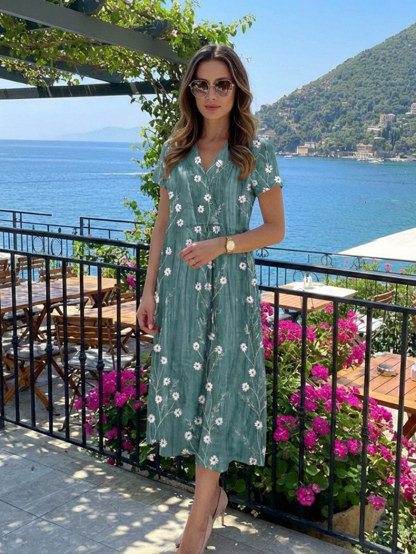 Women's loose floral midi dress with V-neck and short sleeves