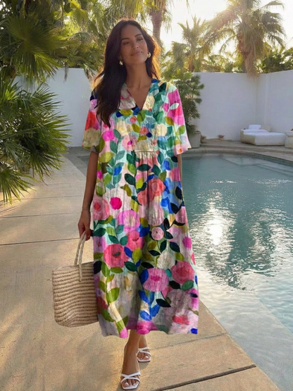 Women's loose floral midi dress with V-neck and short sleeves