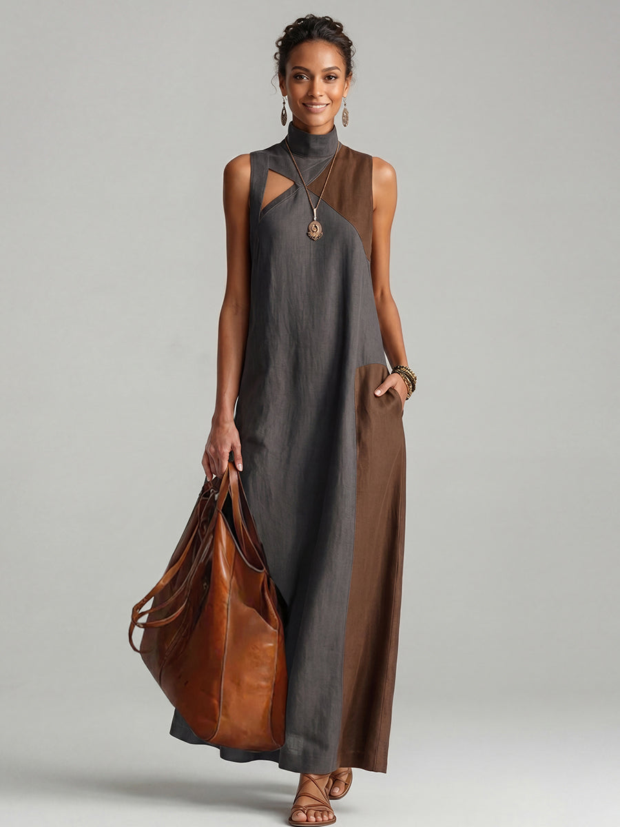 Women's sleeveless colour block maxi dress with mock neck, asymmetric hem and side pocket