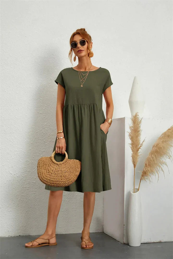 Women's plain gathered midi dress with cap sleeves and side pockets