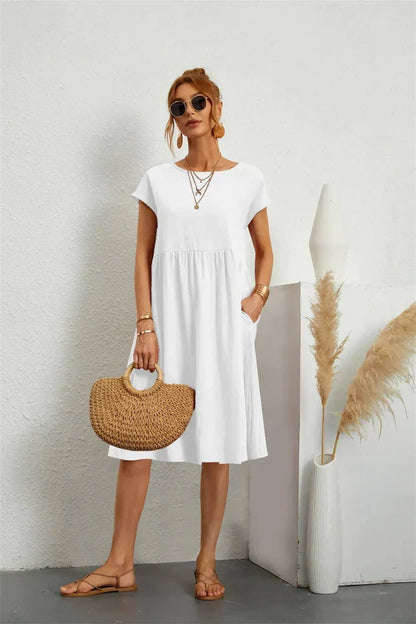 Women's plain gathered midi dress with cap sleeves and side pockets