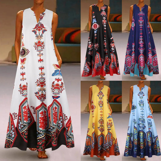 Women's sleeveless geometric patterned maxi dress with a notched V-neck