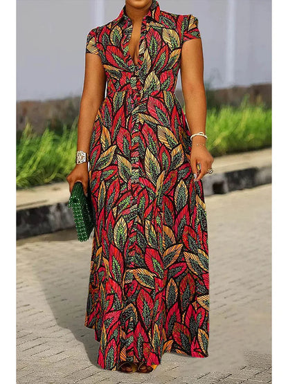 Women's full-length leaf print maxi dress with mandarin collar and short sleeves