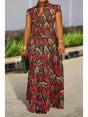 Women's full-length leaf print maxi dress with mandarin collar and short sleeves