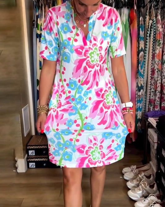 Women's multicoloured floral V-neck mini dress with short sleeves