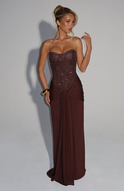 Women's strapless sequined maxi dress with sweetheart neckline and draped floor-length skirt