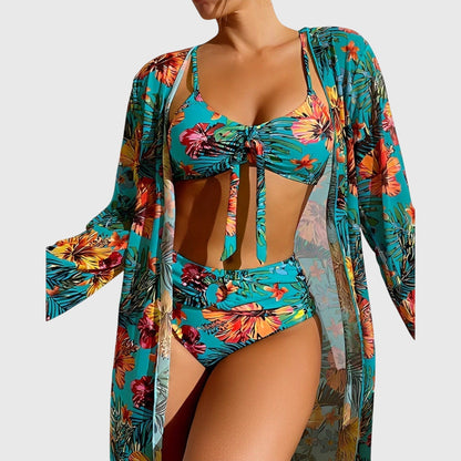 Women's floral bikini set with tie-front top, high-waisted briefs and long-sleeve cover-up