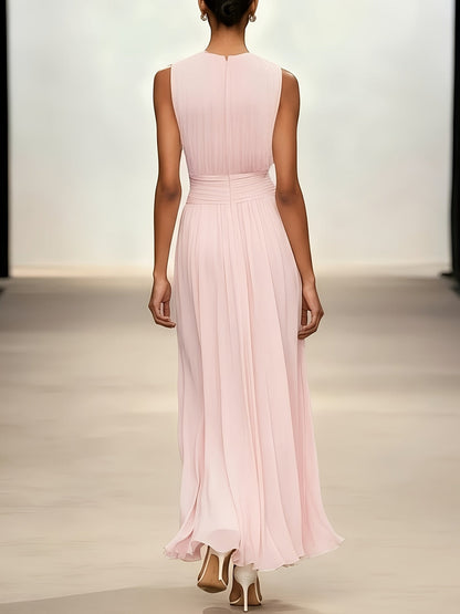 Women's sleeveless pleated midi dress with a draped waist and flowing ankle-length skirt