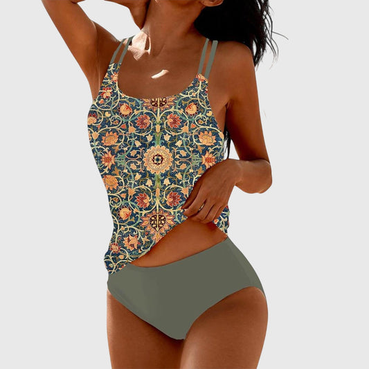 Women's patterned tankini swimsuit set with double straps and high-waisted briefs