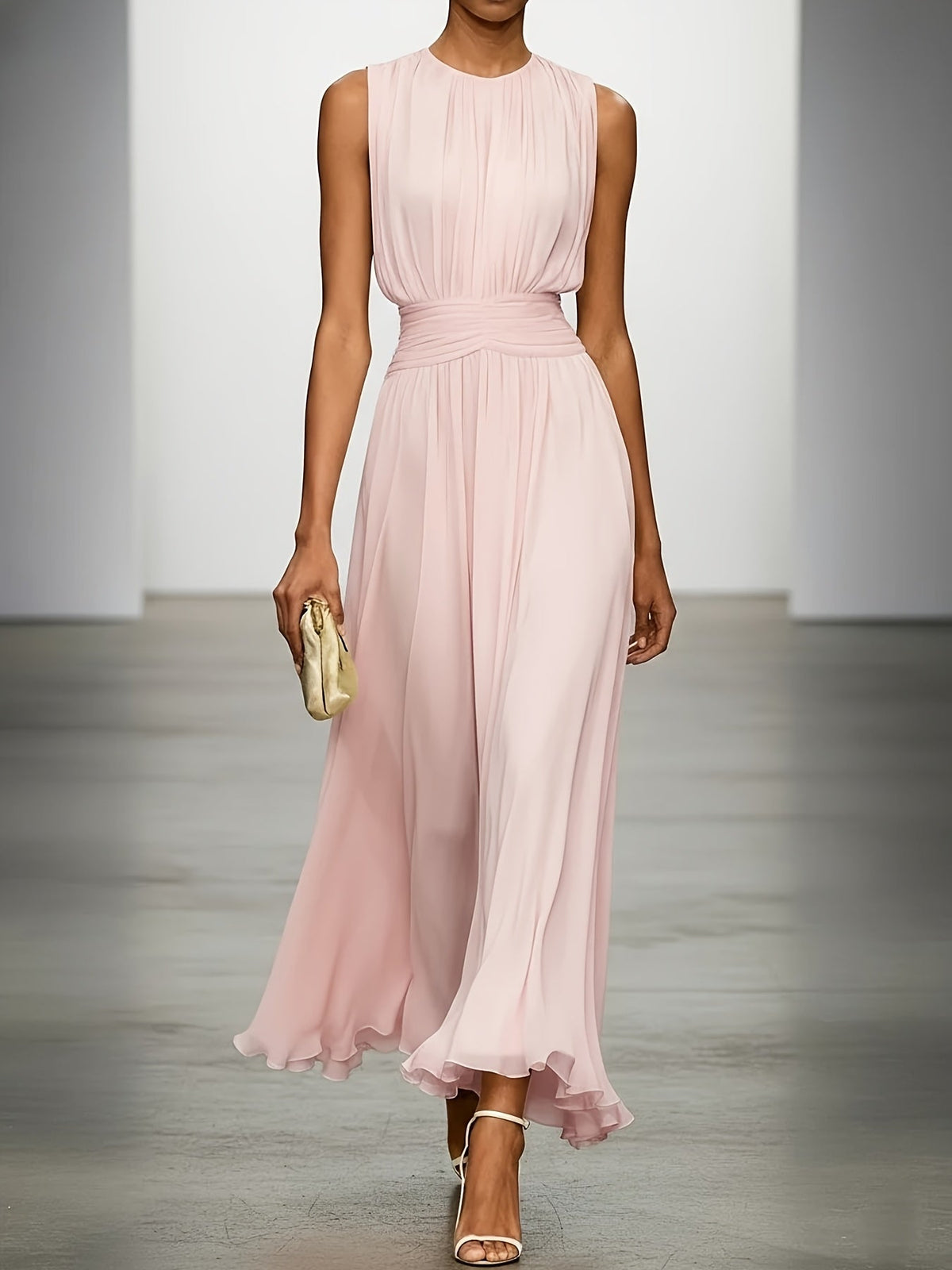 Women's sleeveless pleated midi dress with a draped waist and flowing ankle-length skirt