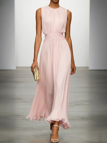 Women's sleeveless pleated midi dress with a draped waist and flowing ankle-length skirt