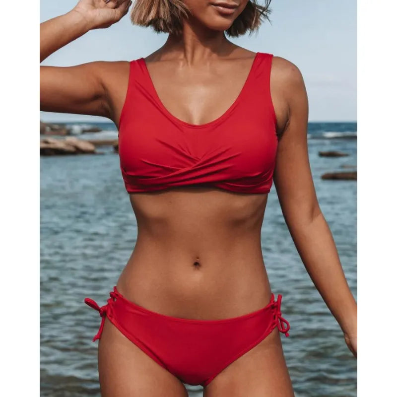Women's ruched two-piece bikini set with wrap-front top and tie-side briefs