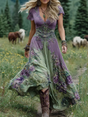 Women's floral V-neck maxi dress with short sleeves and flowing floor-length skirt