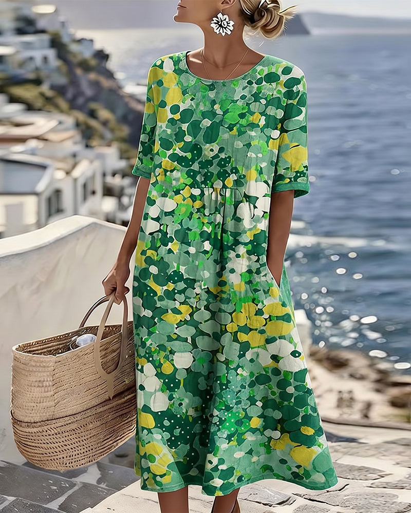Women's colourful abstract print midi dress with round neckline and 3/4 sleeves
