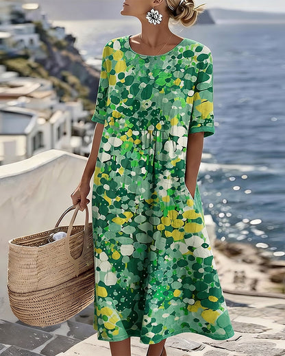 Women's colourful abstract print midi dress with round neckline and 3/4 sleeves