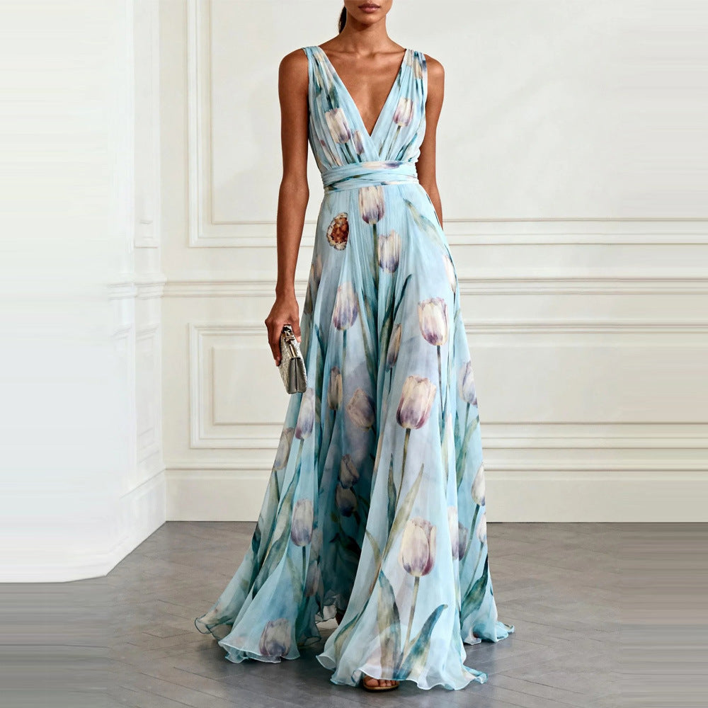 Women's sleeveless floral wrap maxi dress with a V-neckline and flowing full-length skirt