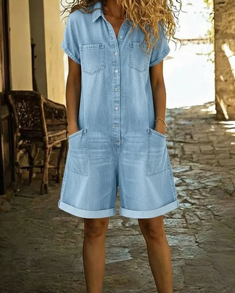Women's short sleeve button front playsuit with shirt collar, patch pockets and cuffed shorts