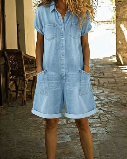 Women's short sleeve button front playsuit with shirt collar, patch pockets and cuffed shorts
