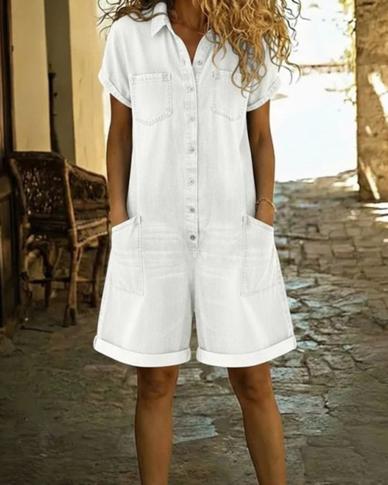 Women's short sleeve button front playsuit with shirt collar, patch pockets and cuffed shorts