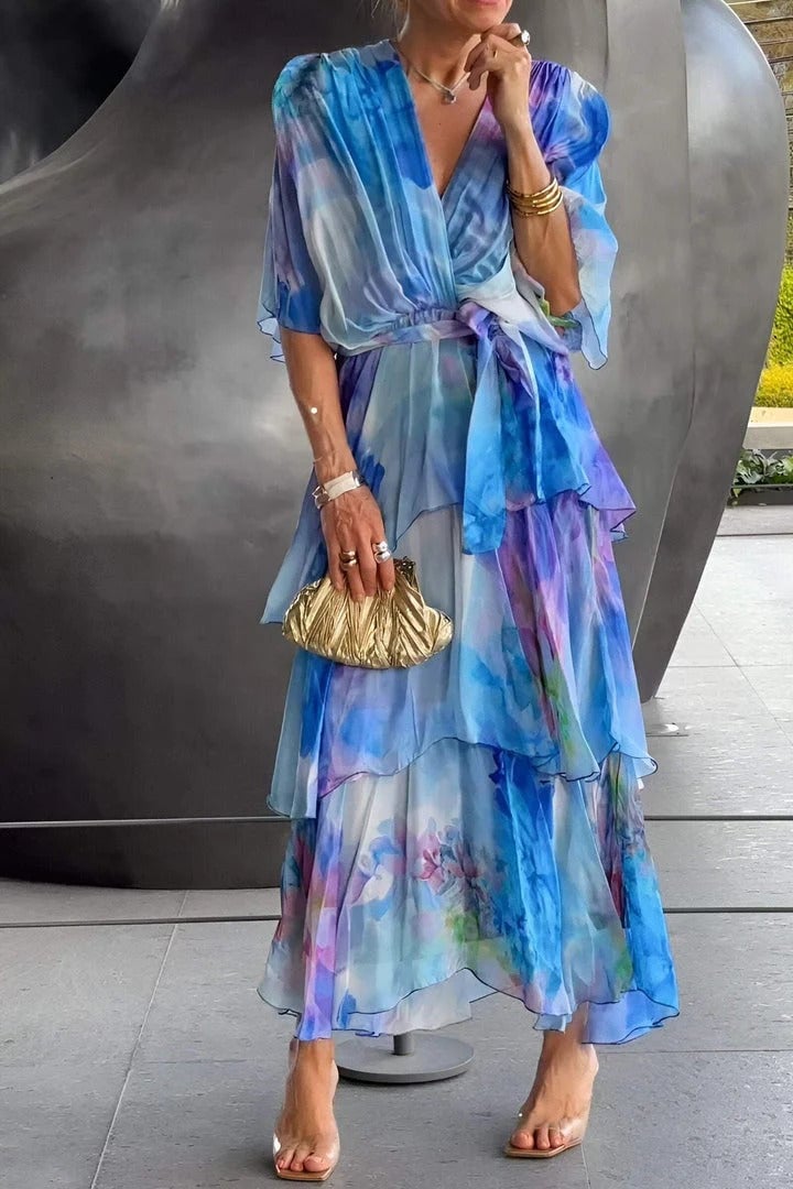 Women's abstract wrap maxi dress with V-neckline, short sleeves and layered ankle-length hem