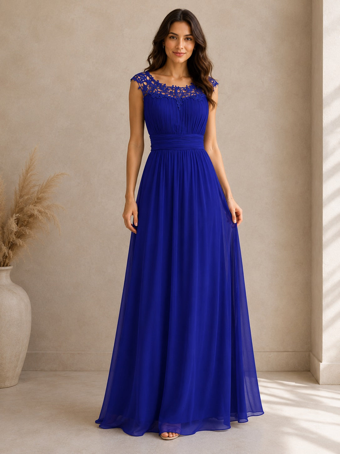Women's floor-length evening dress with lace round neckline and cap sleeves