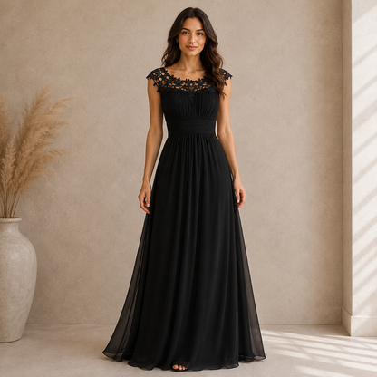 Women's floor-length evening dress with lace round neckline and cap sleeves