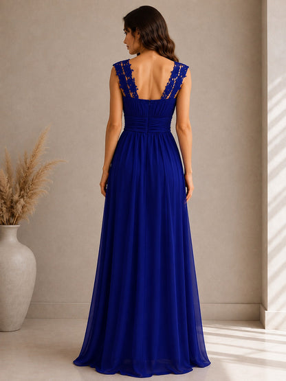 Women's floor-length evening dress with lace round neckline and cap sleeves