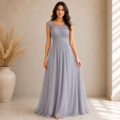 Women's floor-length evening dress with lace round neckline and cap sleeves