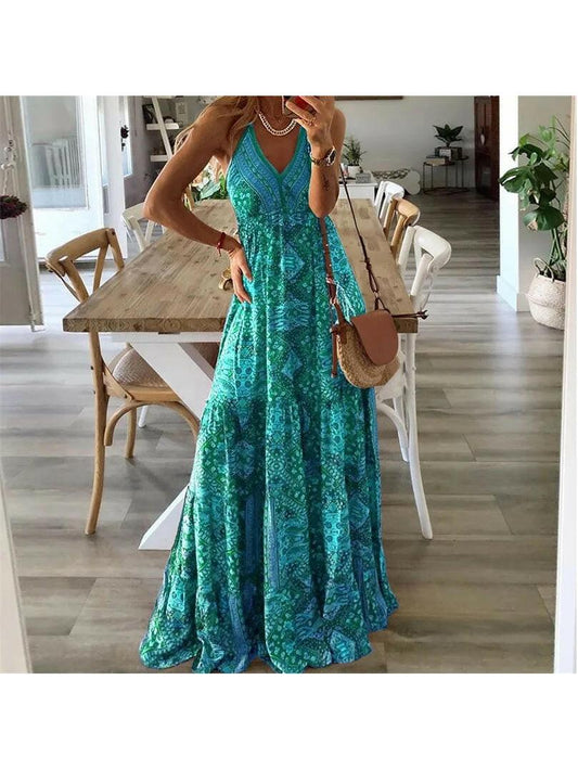 Women's sleeveless geometric maxi dress with V-neck and flared skirt